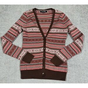 Forever 21 Sweater Womens Small Brown Red Fair Isle‎ Cardigan Y2K Deep V Cotton
